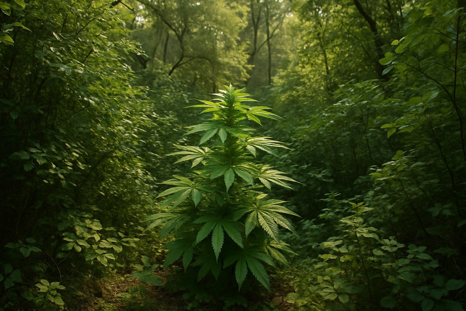 Hidden outdoor cannabis plant camouflaged in forest foliage for stealth growing