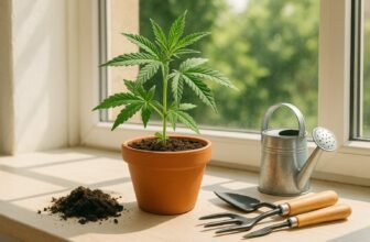 Homegrown weed cannabis plant growing in a pot indoors with sunlight and gardening tools