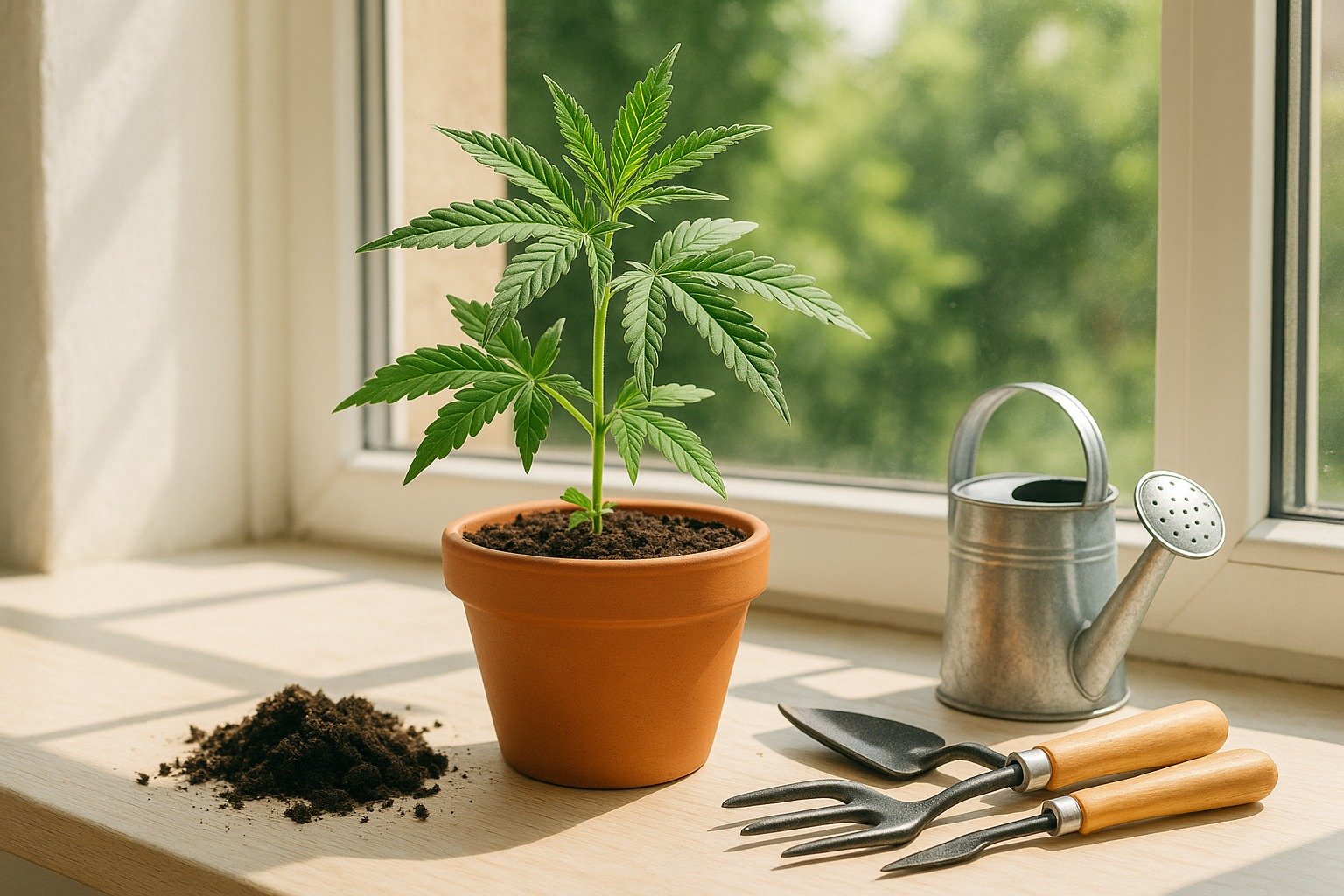 Homegrown weed cannabis plant growing in a pot indoors with sunlight and gardening tools