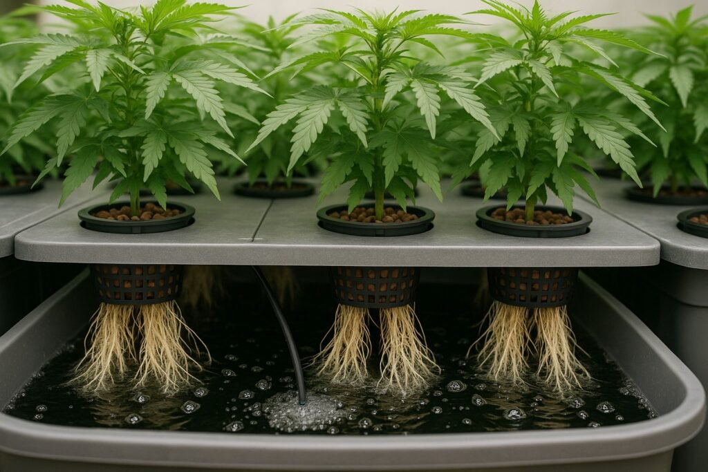 Hydroponic cannabis plants with roots suspended in water reservoir receiving nutrient solution