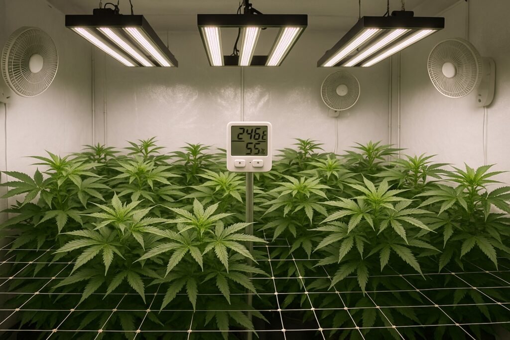 Indoor cannabis grow room with LED lights
