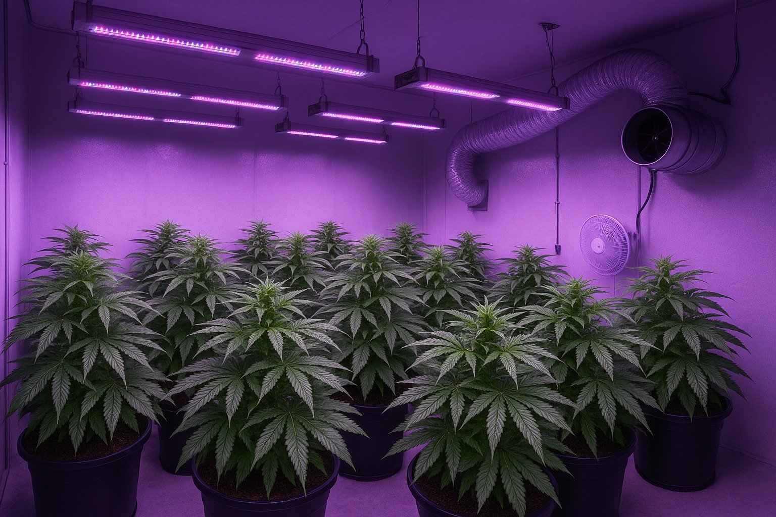 Indoor cannabis grow setup with LED lights and healthy marijuana plants in a grow tent
