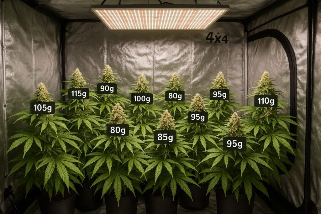 Indoor cannabis grow tent showing healthy marijuana plants with estimated yield ranges per plant under LED grow lights