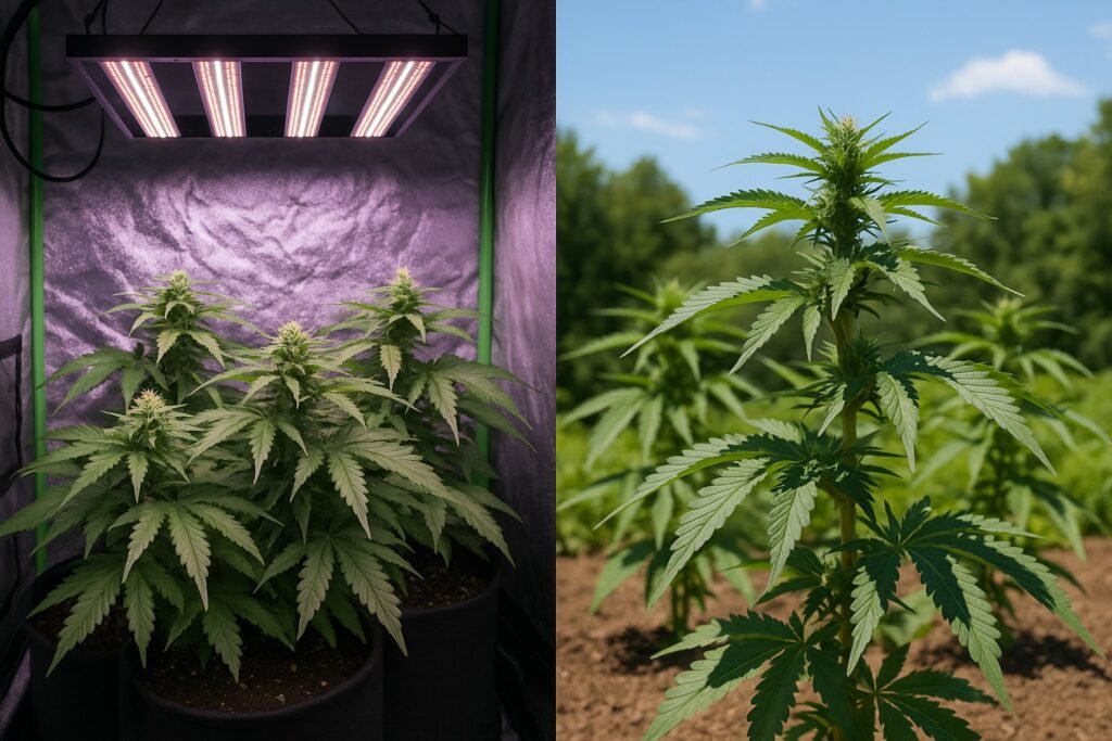 Indoor cannabis grow tent with LED lights compared to outdoor weed plants growing in natural sunlight