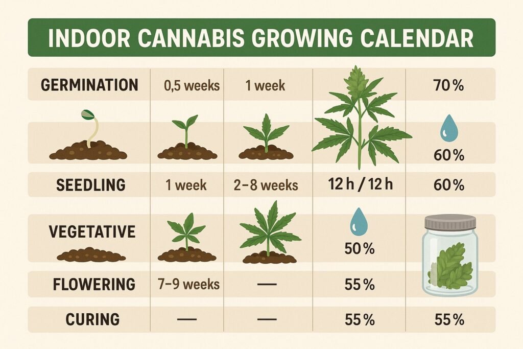 Indoor cannabis growing calendar showing stages from germination to curing under controlled light and humidity