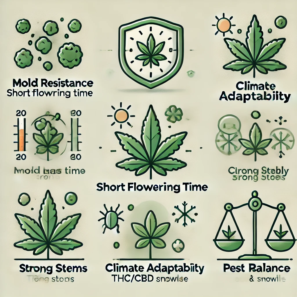 Infographic showing key traits of feminized cannabis seeds for outdoor growing including mold resistance and short flowering time