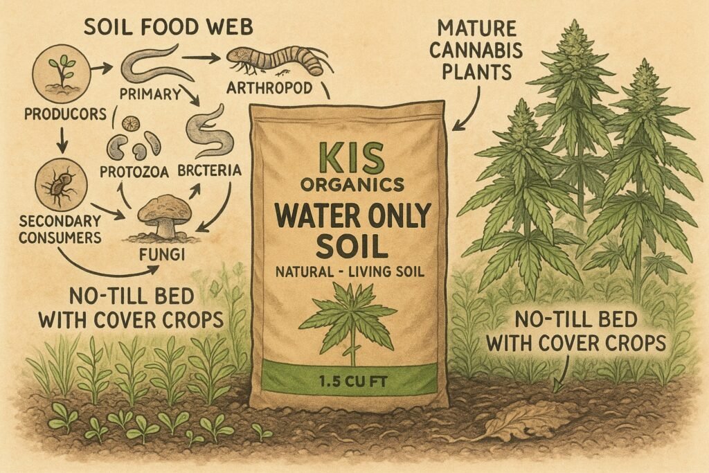 KIS Organics Water Only Soil bag in a no-till cannabis grow