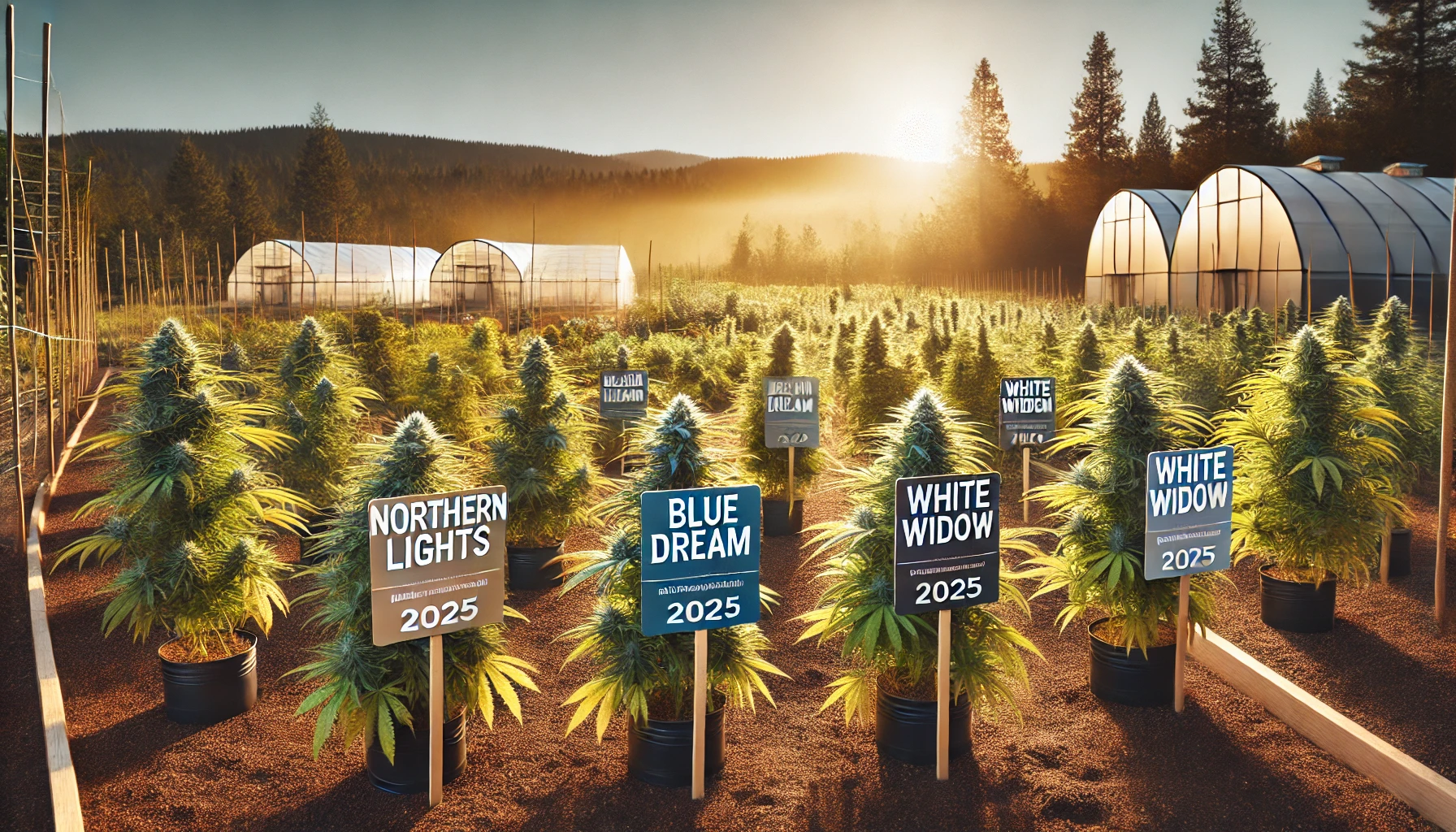 Lush outdoor cannabis garden with top feminized strains like Blue Dream and Northern Lights growing under sunlight representing the best feminized seeds for outdoor cultivation