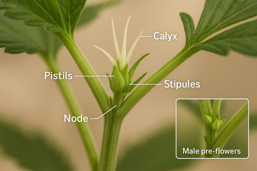 Macro close up of female cannabis pre flower showing white pistils and calyx at a plant node