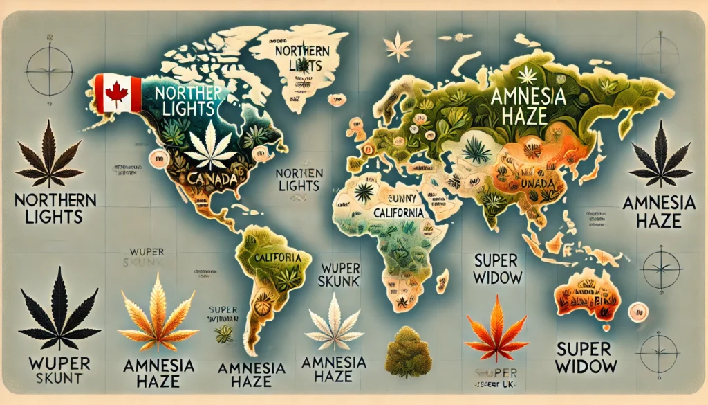 Map showing climate zones and best feminized cannabis strains matched to regional growing conditions
