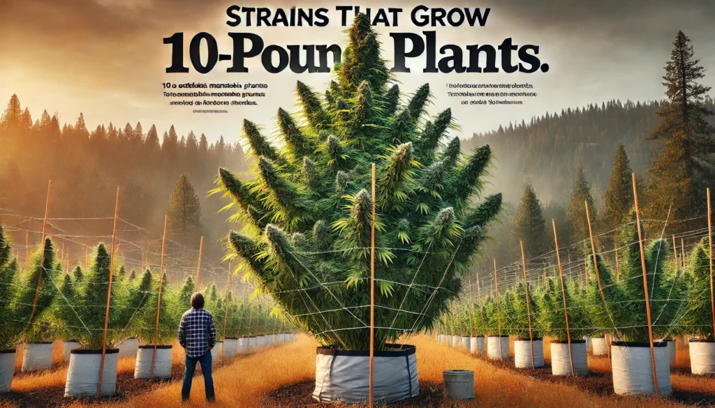 Massive outdoor cannabis plant with thick buds and full canopy shown beside a grower for scale illustrating strains capable of yielding 10 pounds per plant