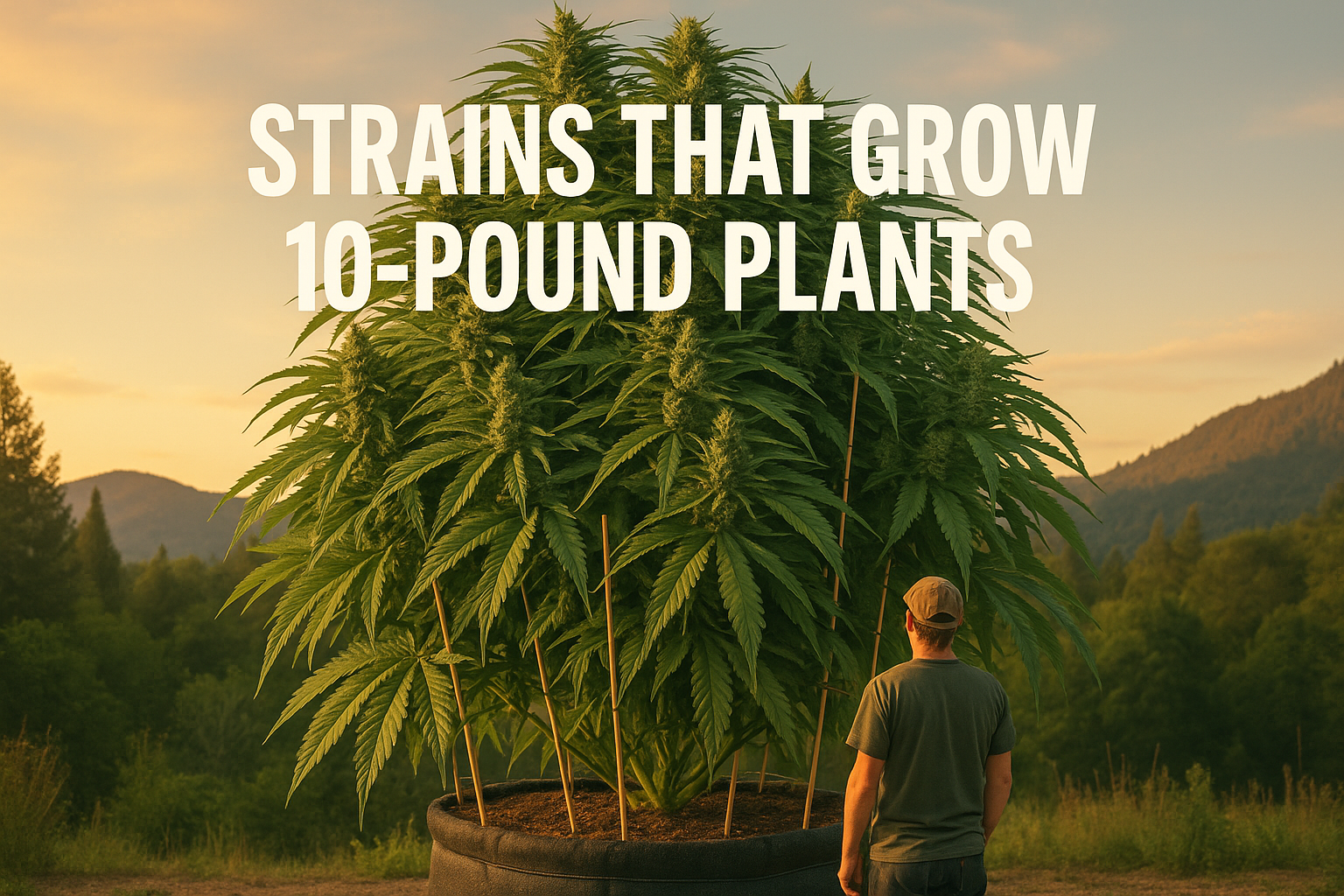 Massive outdoor cannabis plant with thick buds and full canopy shown beside a grower for scale illustrating strains capable of yielding 10 pounds per plant featured image