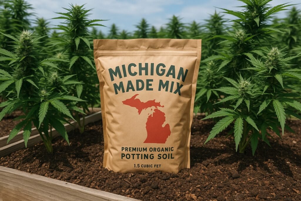 Michigan Made Mix organic soil featured in a flowering cannabis bed
