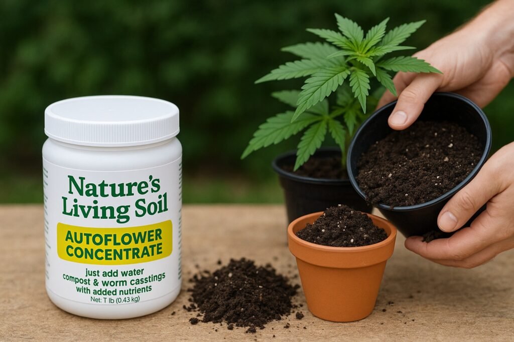 Nature Living Soil Autoflower Concentrate mixed into a base potting soil