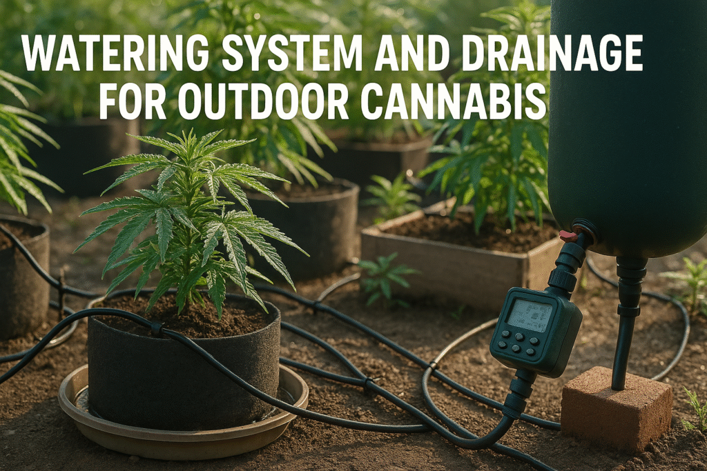 Outdoor cannabis garden with drip irrigation lines connected to fabric pots and raised beds