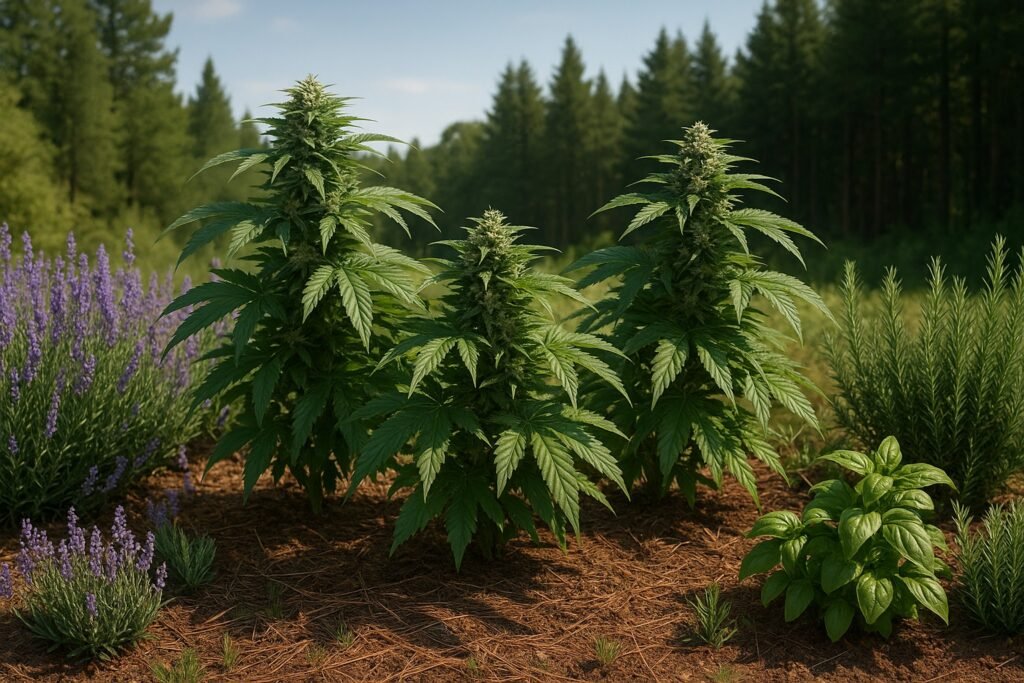 Outdoor cannabis grow with odor control techniques including companion plants