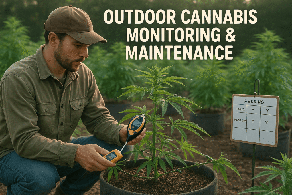 Outdoor cannabis grower checking soil with a pH and moisture meter