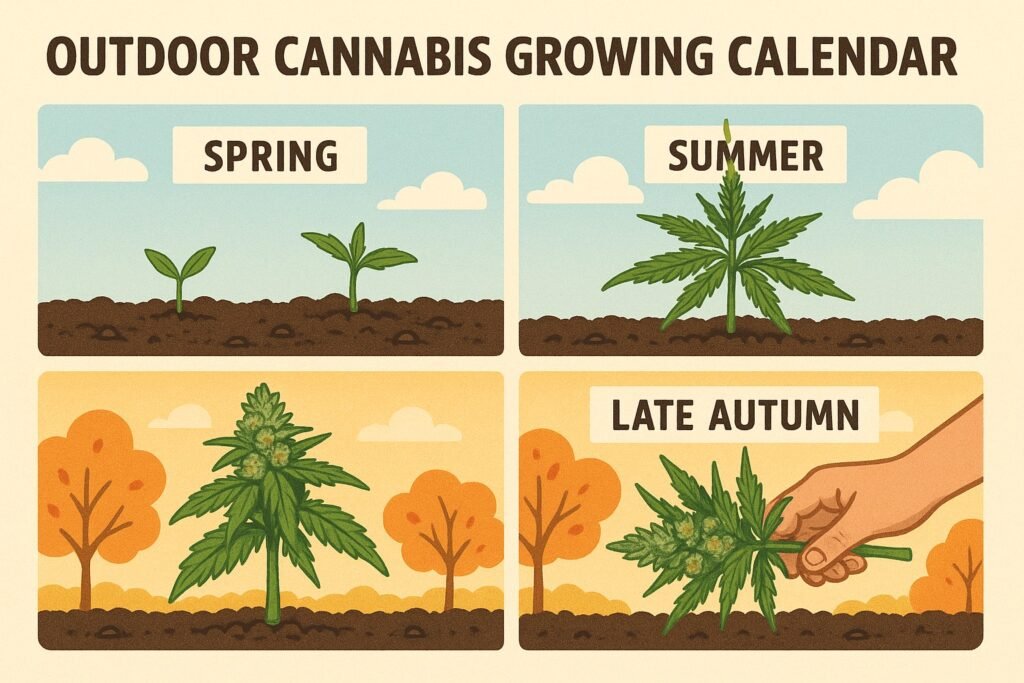 Outdoor cannabis growing calendar with month-by-month stages from spring planting to fall harvest