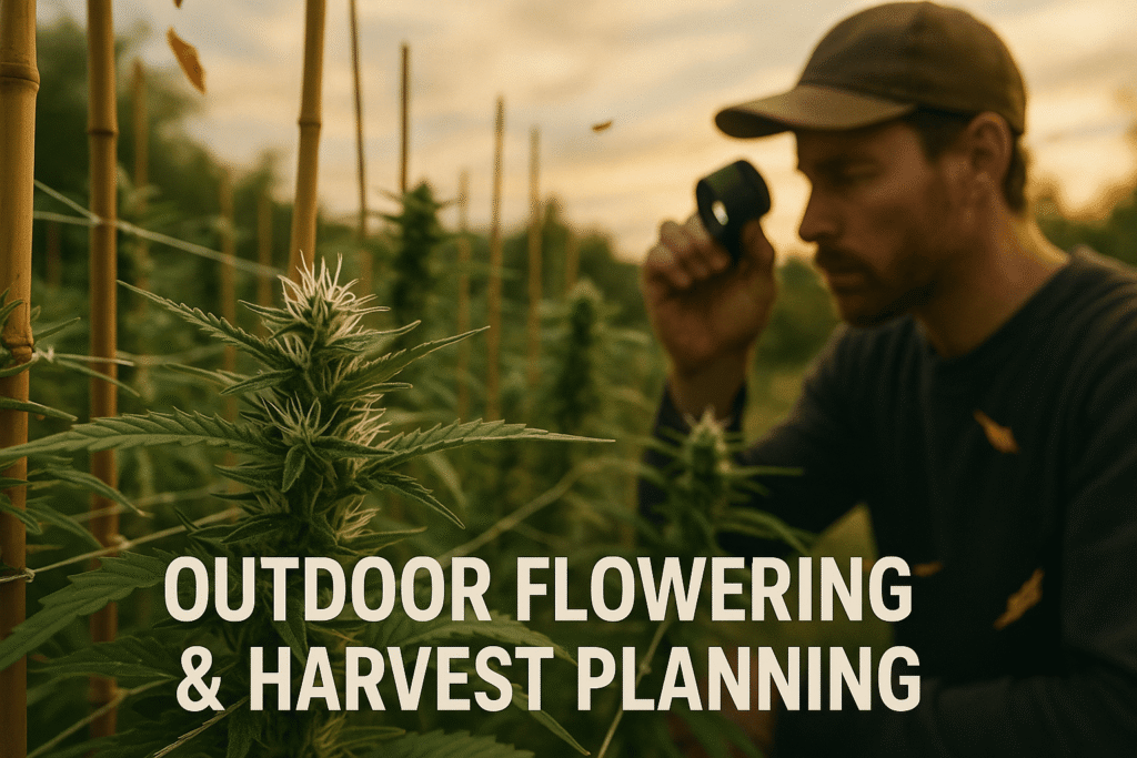 Outdoor cannabis plant entering flowering stage with visible white pistils and early bud formation