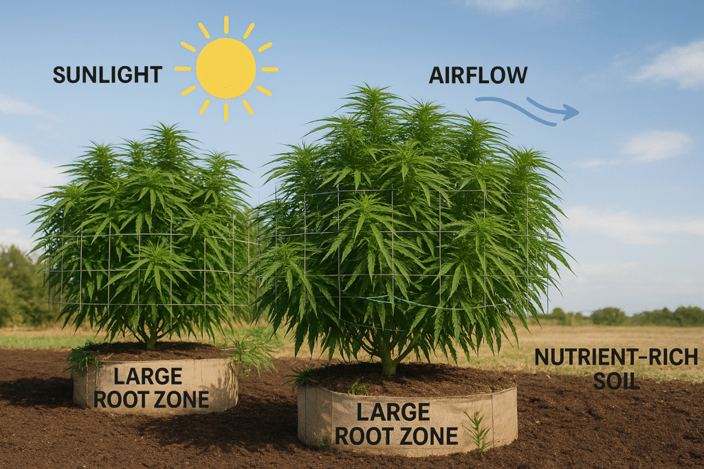 Outdoor cannabis plants growing in full sunlight with large root space trellis support and nutrient-rich soil showing ideal conditions for producing 10-pound yields