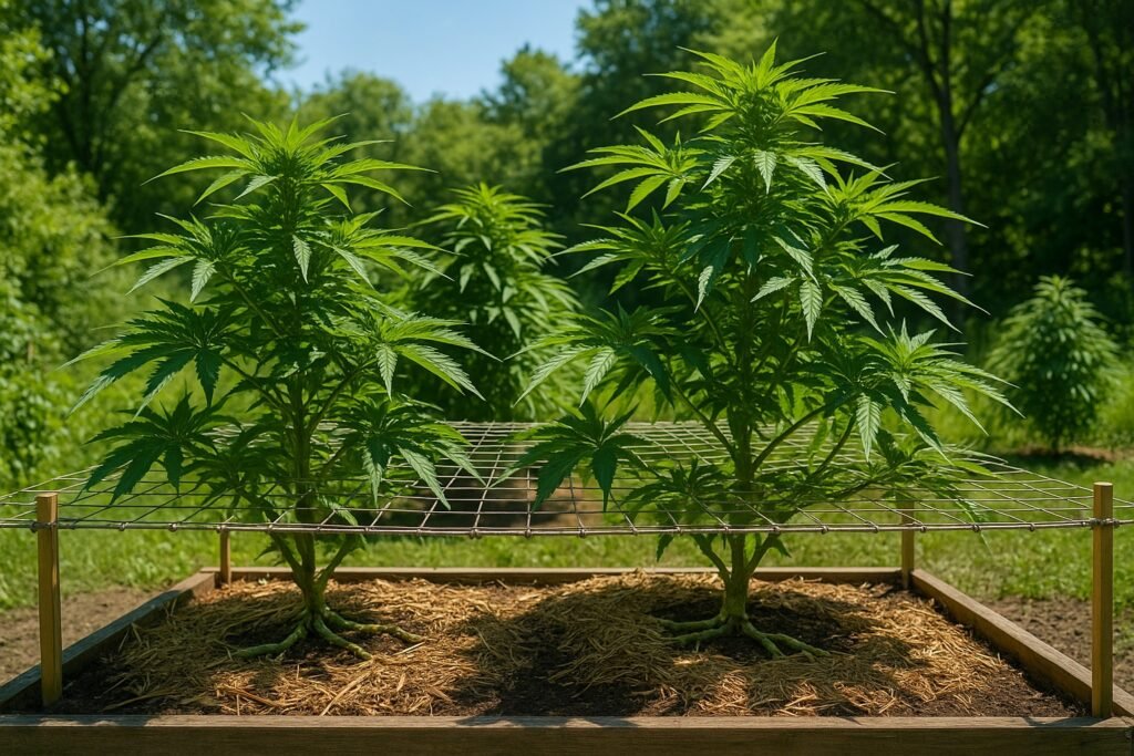 Outdoor cannabis plants in Zone 6 trained with LST and SCROG to maximize yield