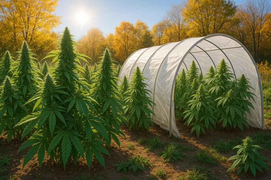 Outdoor cannabis plants in Zone 6 with frost protection setup and healthy growth before harvest