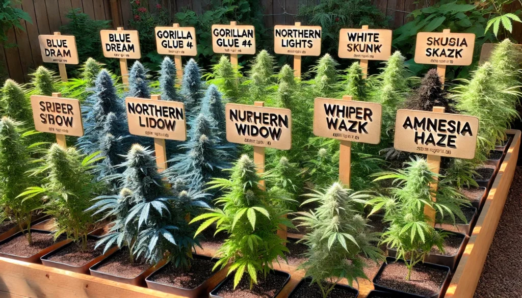 Outdoor cannabis plants of top feminized strains like Northern Lights and White Widow shown side-by-side with strain names