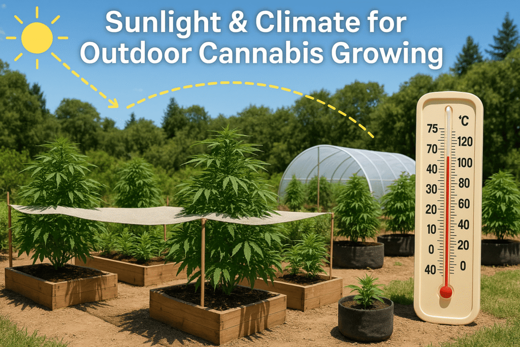 Outdoor cannabis plants receiving full sun exposure in a garden setup with shade cloth