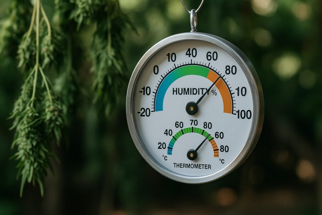 Outdoor drying cannabis buds monitored by humidity and temperature gauges