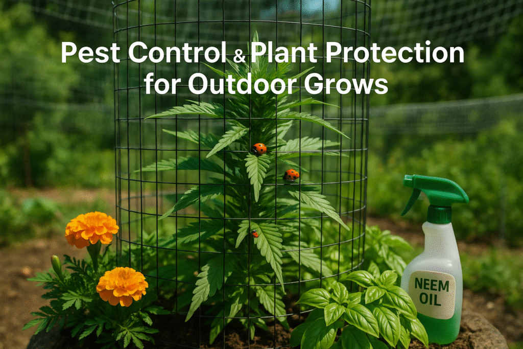 Outdoor cannabis plant protected by mesh fencing and companion plants such as marigold and basil, with visible ladybugs and neem oil spray for organic pest control. Garden scene includes natural lighting and physical barriers for plant protection.