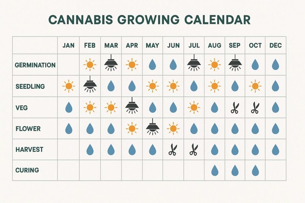 Printable cannabis growing calendar chart showing monthly stages for indoor and outdoor grows