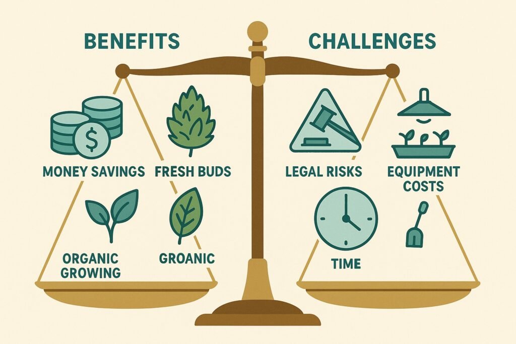 Pros and cons of growing weed at home illustrated with benefits and challenges on a balanced scale