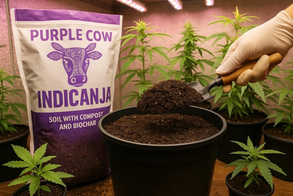 Purple Cow IndiCanja organic soil designed for cannabis with visible biochar and compost