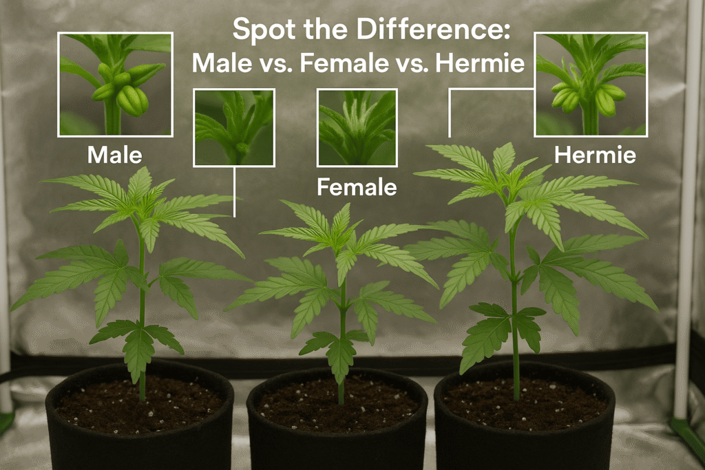 Side by side comparison of early stage cannabis plants showing female pistils