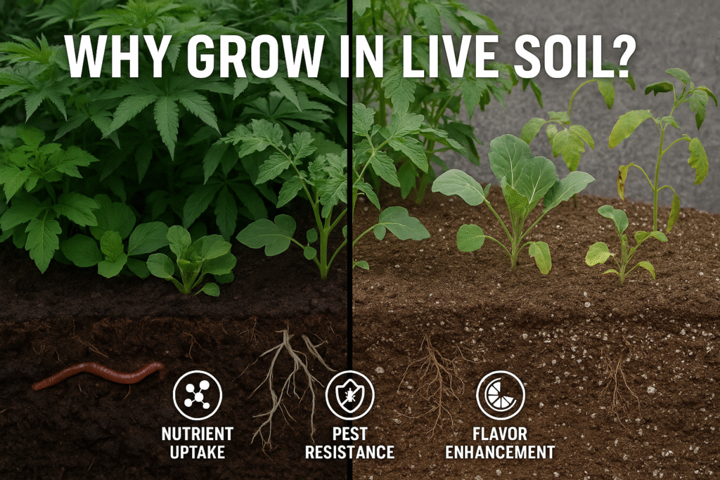 Side by side comparison of live soil and conventional soil gardens