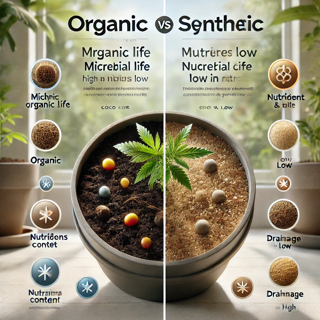 Side-by-side comparison of organic cannabis soil and synthetic seedling mix showing differences in nutrient levels microbial activity and drainage for cannabis seedlings