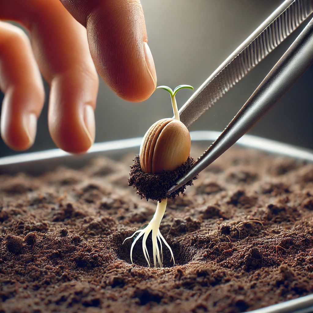 Sprouted cannabis seed with taproot being transferred to soil using tweezers showing post-germination transplant step