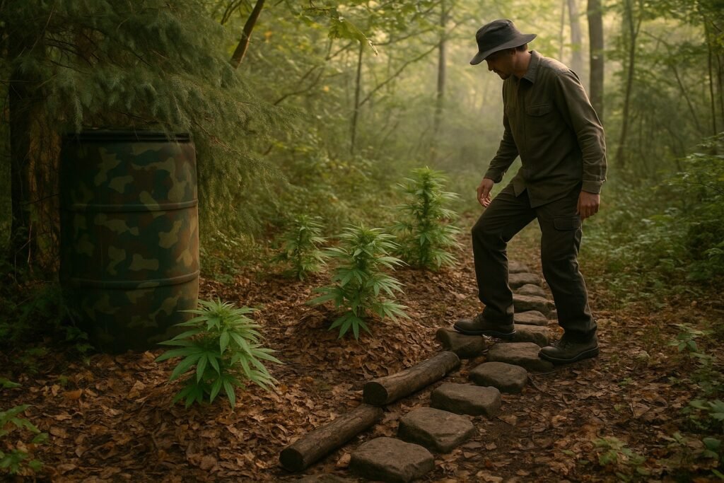 Stealth watering and maintenance techniques for a hidden outdoor cannabis grow