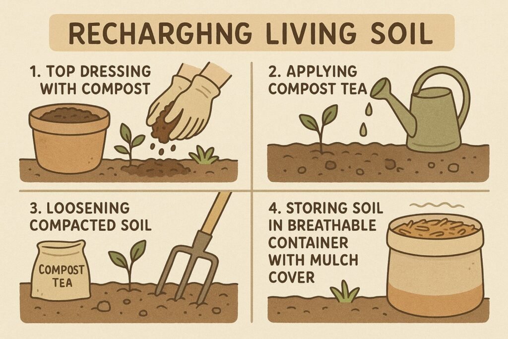 Step by step guide showing how to maintain and reuse living soil