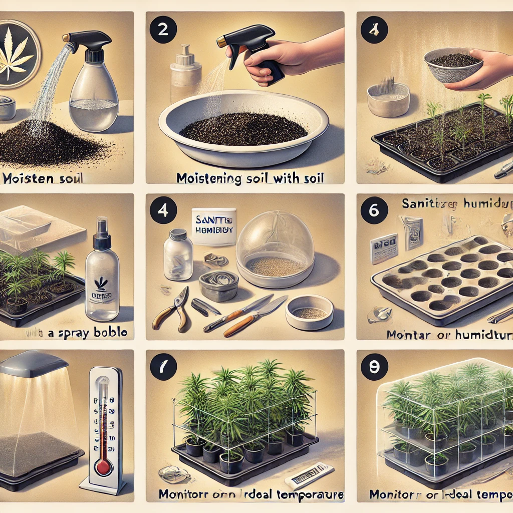 Step-by-step preparation of cannabis seedling soil moistening mix using breathable trays sanitizing tools and setting up humidity dome for sprouting