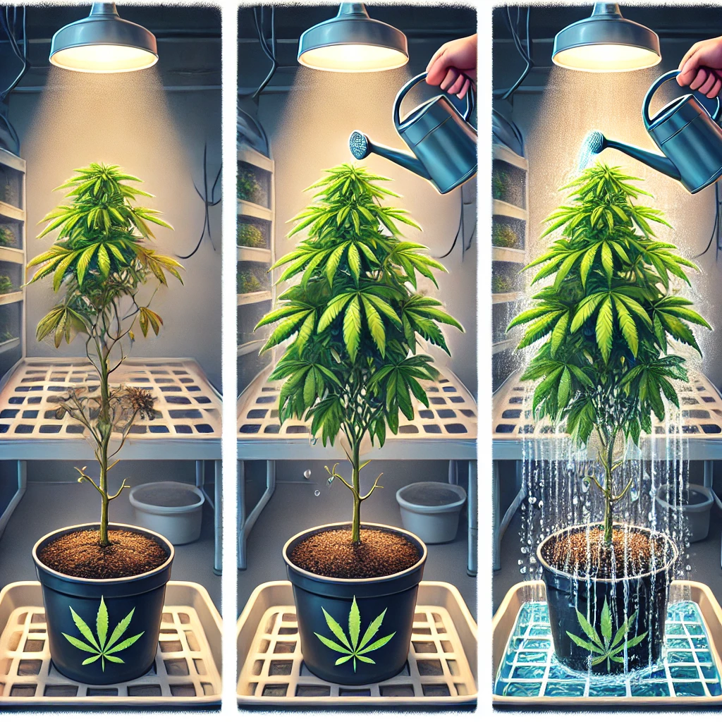 Step-by-step recovery of an underwatered cannabis plant showing dry soil gradual watering at the base proper drainage and revived upright leaves in a home grow environment