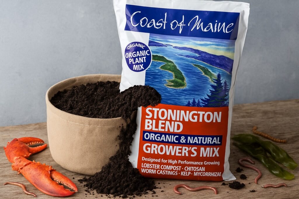 Stonington Blend soil from Coast of Maine displayed with rich compost