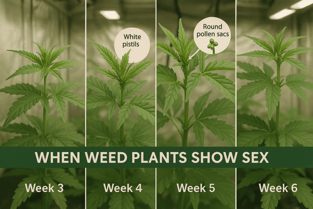 Timeline of cannabis plant growth showing pre flower development from week 3 to 6