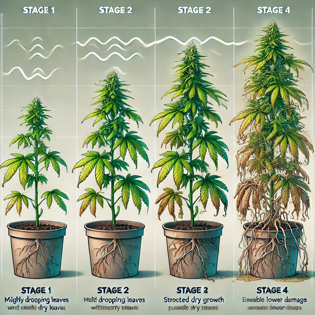 Timeline of chronic underwatering in a cannabis plant showing drooping stunted growth nutrient deficiency symptoms poor bud development and root damage in an indoor grow setup