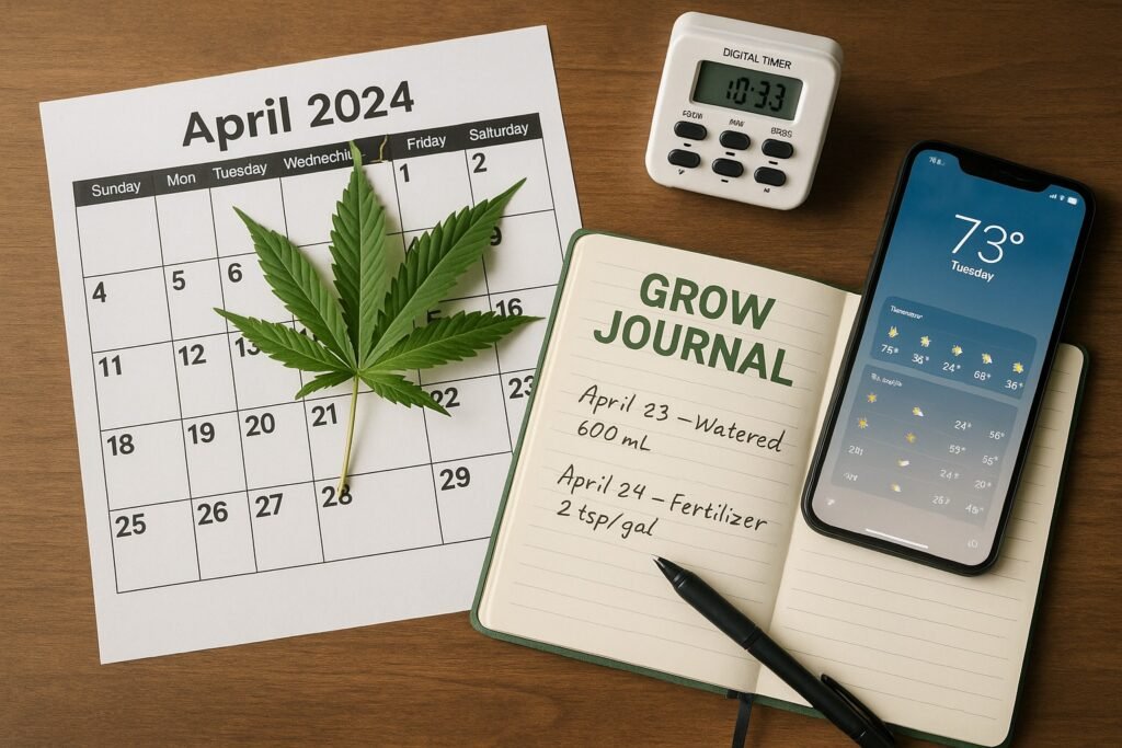 Tools to stay on track with a cannabis growing calendar including grow journal light timers and weather monitoring