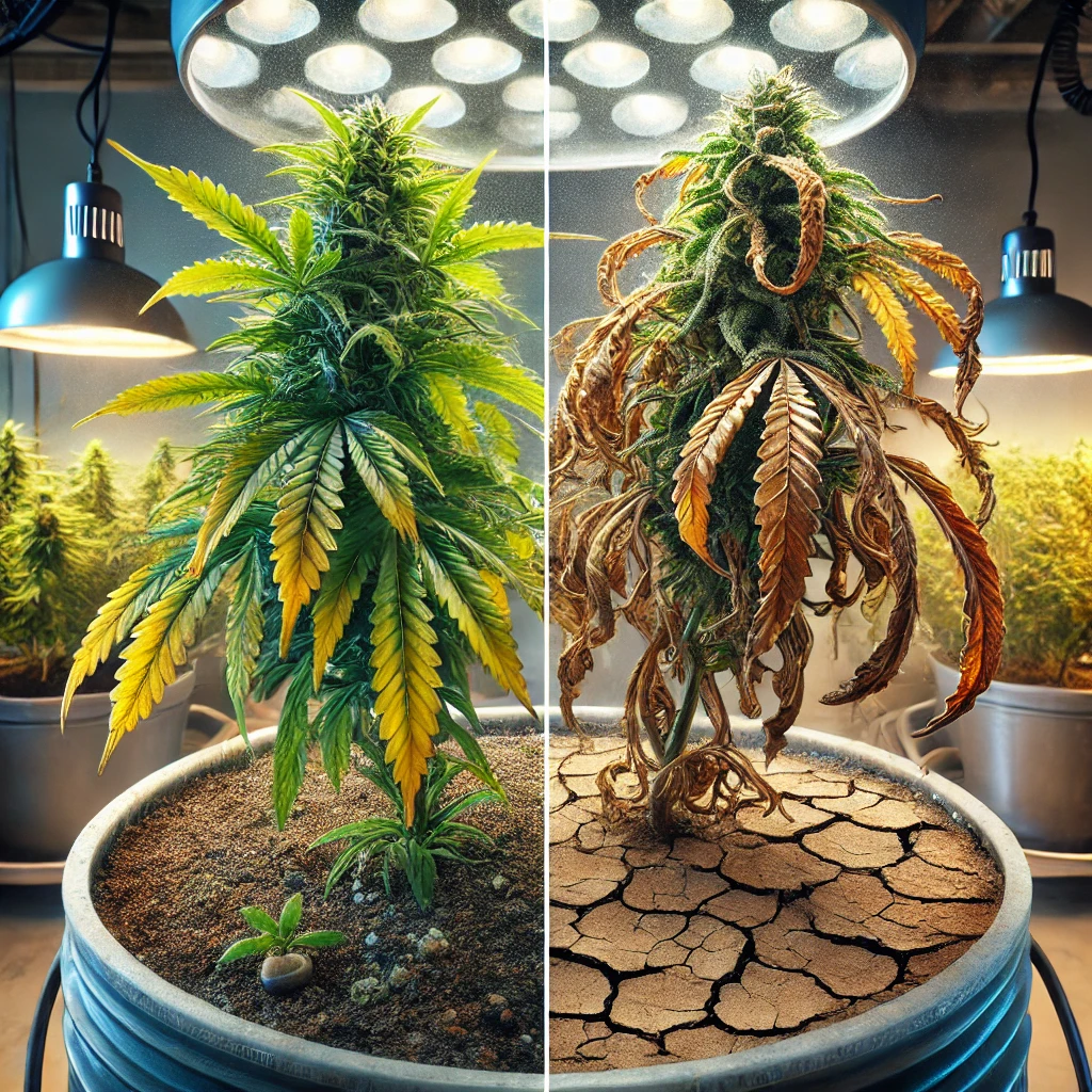 Underwatered cannabis plant with wilted drooping leaves and dry cracked soil next to a healthy marijuana plant with firm stems and green foliage Close-up view highlights signs of dehydration in weed plants