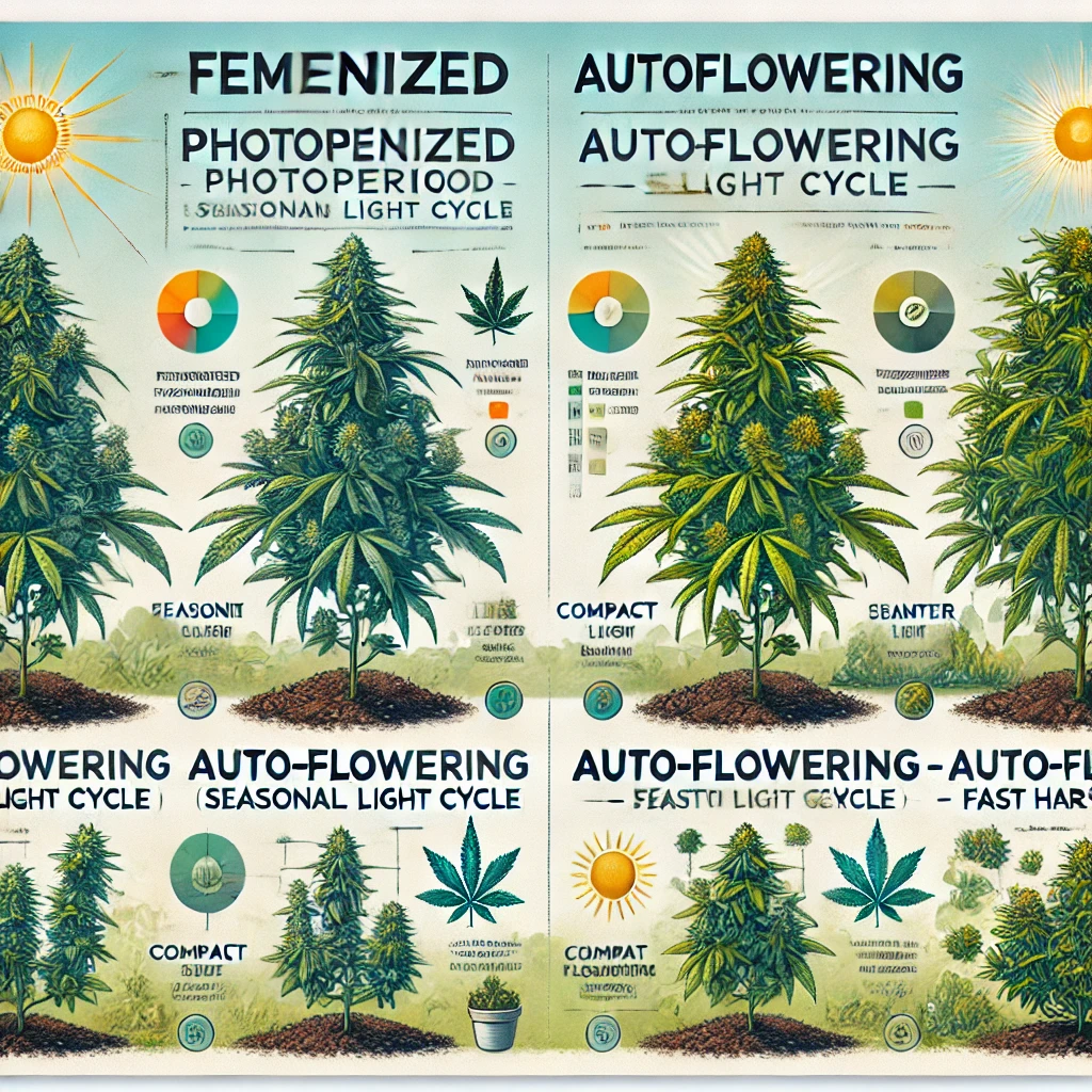 Visual comparison between autoflower and feminized cannabis seeds for outdoor growing highlighting growth cycles and plant size