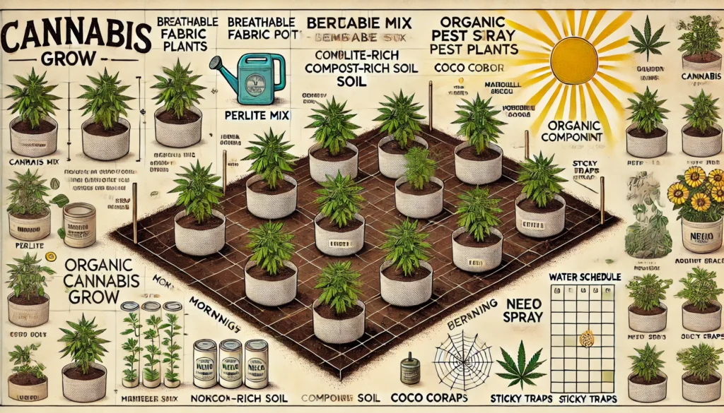 Visual guide of best practices for growing feminized cannabis outdoors including sunlight soil, and pest control tips