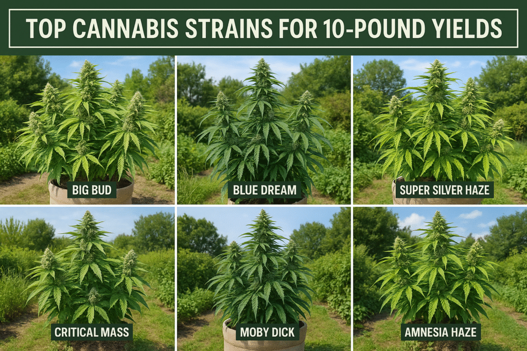 Visual lineup of six high-yielding outdoor cannabis strains with thick buds and tall canopies including Big Bud Blue Dream and Moby Dick shown in full sun with labeled plant names