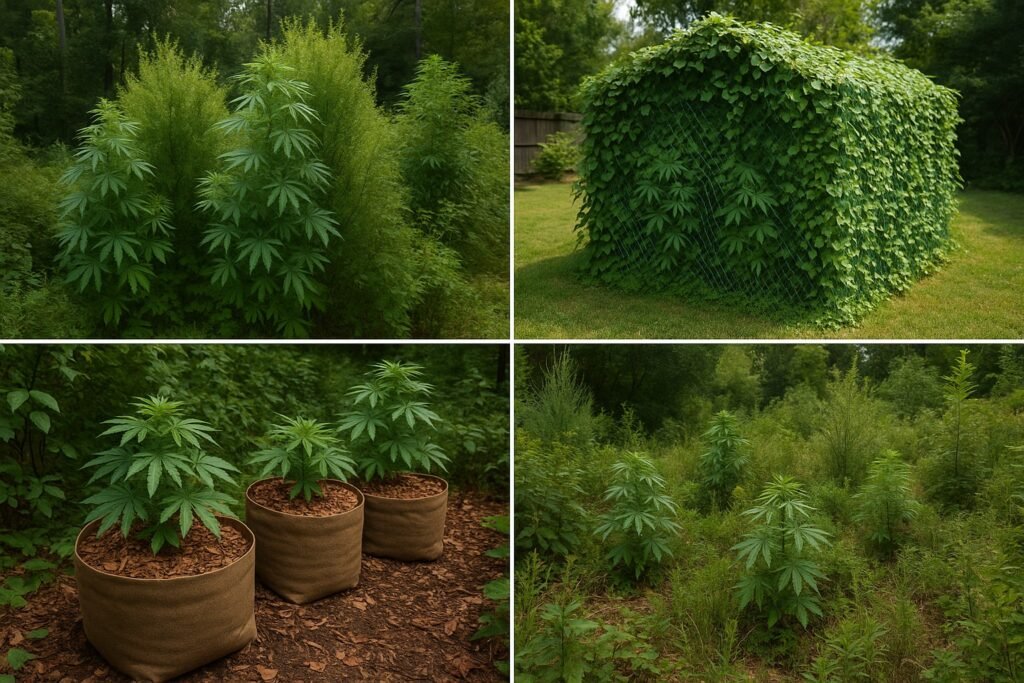 Camouflage techniques for outdoor cannabis plants including blending with native vegetation